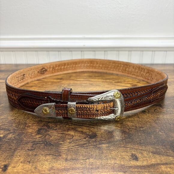 Wright Vintage Tooled Leather Gun Belt Size 36 Concealed Carry Brown Western - Picture 2 of 13